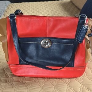 Coach Red and Blue Leather Shoulder Bag with Turnlock Detail
